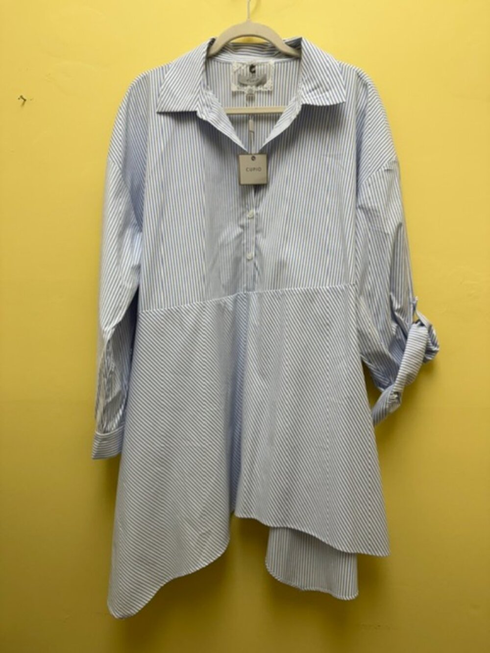 Cupio Shirt Dress Blue Stripe  1XL sharkbite hem and long/ rolled sleeves.